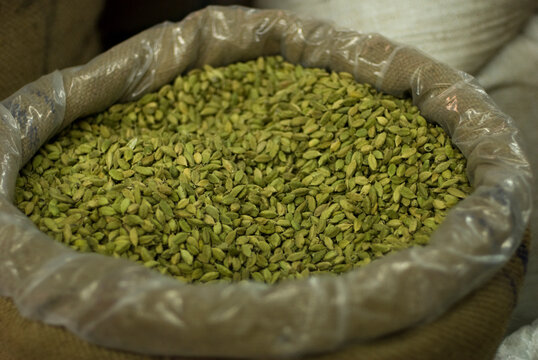 Large burlap sack filled with green cardamom pods at a spice market in Kerala India