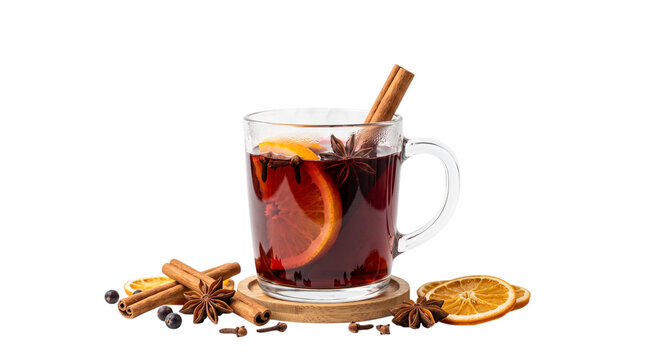 Glass mug of hot mulled wine with orange slice and spice