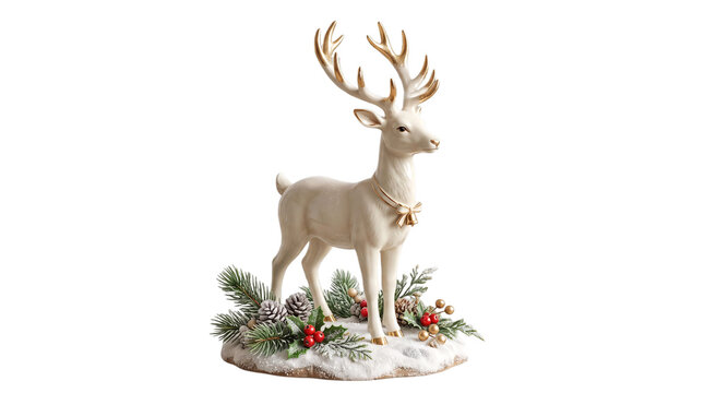 Christmas deer figurine with pine branches on white background
