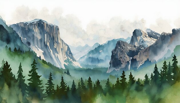 Watercolor painting of misty mountain peaks and pine forest landscape