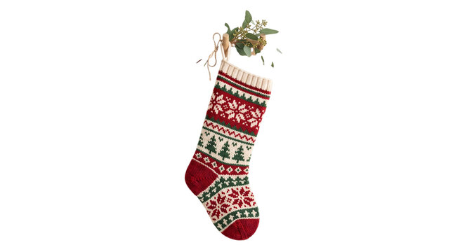 Knitted Christmas stocking with pattern on white background