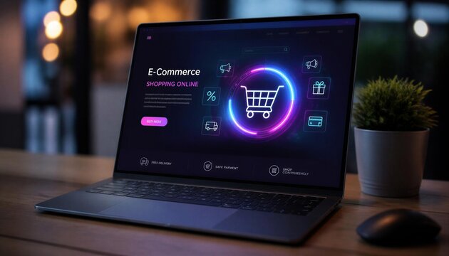 Laptop displaying e-commerce shopping website on a desk at night