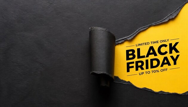 Black Friday sale banner with torn black paper revealing yellow