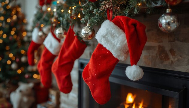 Christmas stockings hanging on a fireplace mantel with a Santa hat