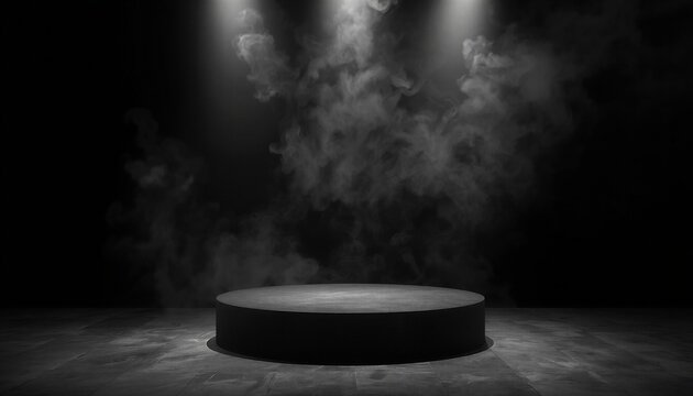 Empty circular podium with dramatic spotlight and smoke for product