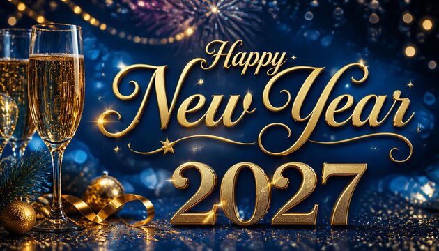 Happy New Year 2027 greeting card with champagne flutes and gold decor