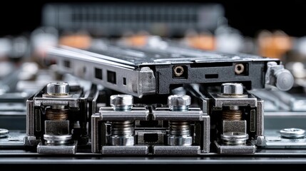 Fototapeta premium Modern computer power supply unit exhibits gray, silver, and copper tones, representing technology and efficient energy systems
