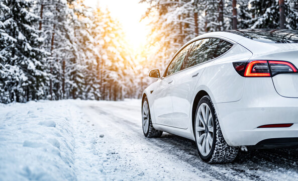 White Car on country winter road covered with snow close-up