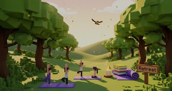 Voxel outdoor yoga class in peaceful forest retreat.