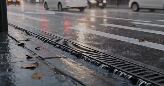Wet urban street with autumn leaves and rain drainage.