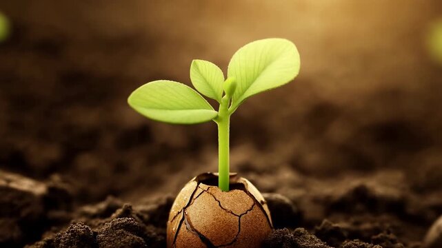 Green seedling rises from a cracked brown seed shell in dark soil as fresh leaves unfold and enlarge under warm golden light in a centered close-up growth sequence