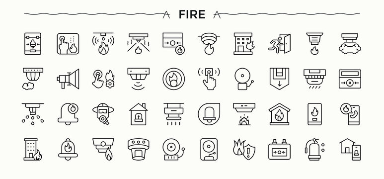 Fire Alarm icon set. Extinguisher icon set. Related to extinguisher, siren, fire, safety, emergency, alarm and more. Pixel perfect. Editable stroke.