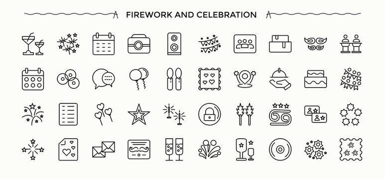 Firework vector icon set. Modern vector UI icons. Contains outline symbols like spark, event, sparkle, fire, holiday. Vector illustration. Fire simple icon set.