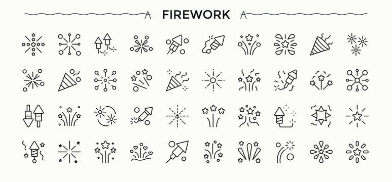 Firework vector line icon set. Thin outline icons pack. Spark icon set. Includes symbols for anniversary, spark, fire, glitter, event, decoration and more.