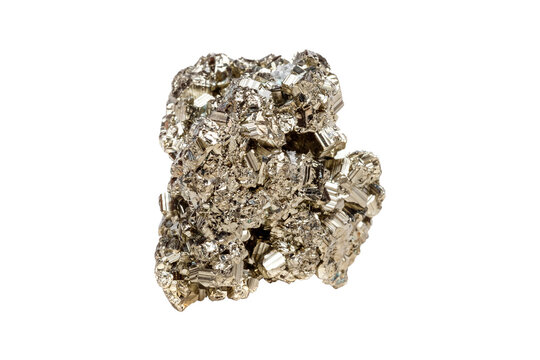 A glistening pyrite gemstone with a cubic shape, showcasing a metallic golden hue and sharp edges. Ideal for decorative items with striking brilliance.