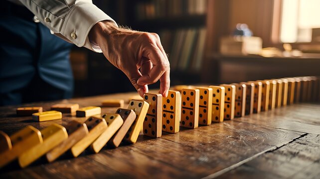 Business professional arranging wooden dominoes to represent strategic planning, risk management, and cause and effect