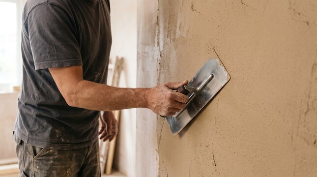 Plasterer applying smooth clay plaster onto interior wall with metal trowel, highlighting wall finishing, construction work, and craftsmanship