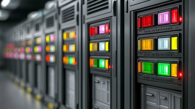 Rows of server racks exhibit blinking lights, indicating active processing, inside a data center environment