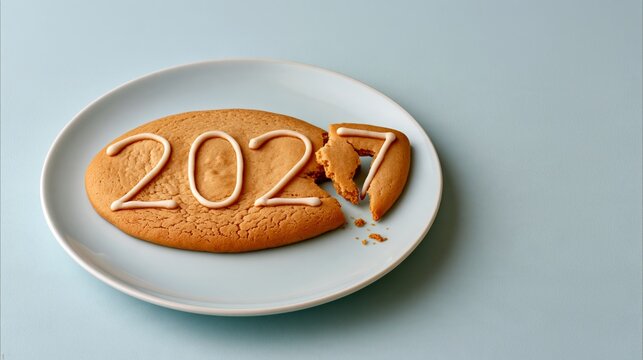 Funny gingerbread cookie shaped like 2027 with broken number 7, New Year food photo with copy space