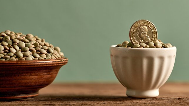 Funny bowl of lentils with a coin on top looking obvious, New Year tradition photo