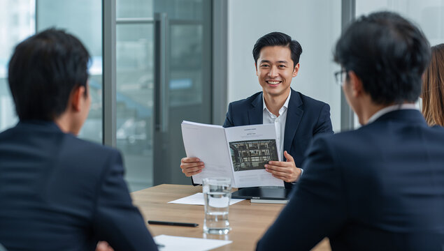 会議室で資料を示しながら商談するビジネスマン