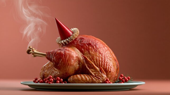 Funny burnt turkey with tiny paper hat on drumstick and smoke rising, New Year cooking photo
