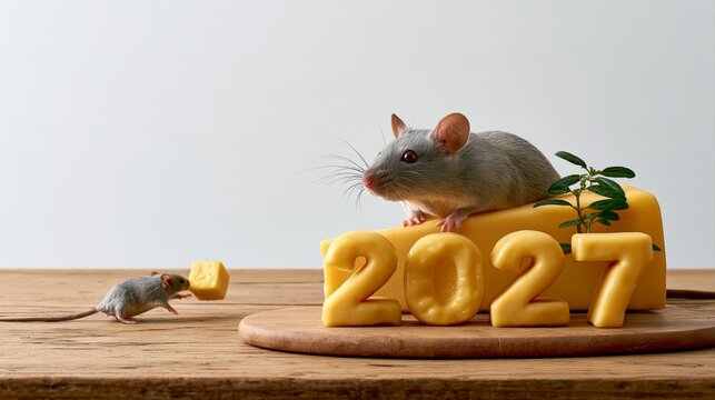 Funny cheese cubes spelling 2027 with a mouse stealing one cube, New Year food photo