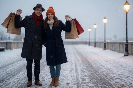 Couple walking with Christmas shopping bags on a snowy path, smiling cheerfully under soft winter light.