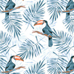 Toucan bird perched on branch with tropical foliage during daylight in a seamless pattern © SA Graphic Desing
