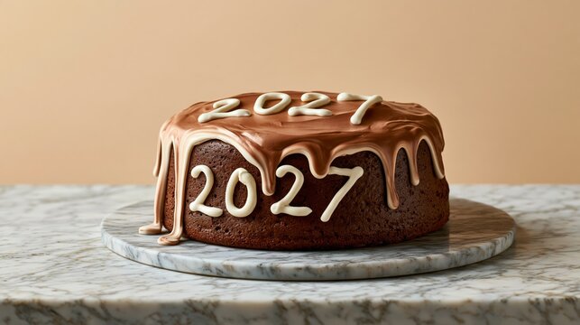Funny chocolate cake with 2027 written in dripping white icing, New Year dessert photo