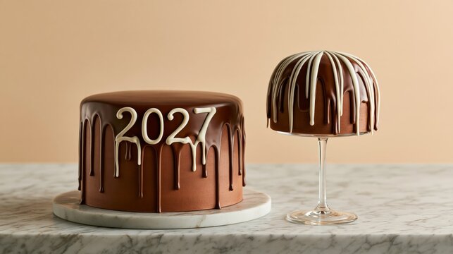Funny chocolate cake with 2027 written in dripping white icing, New Year dessert photo