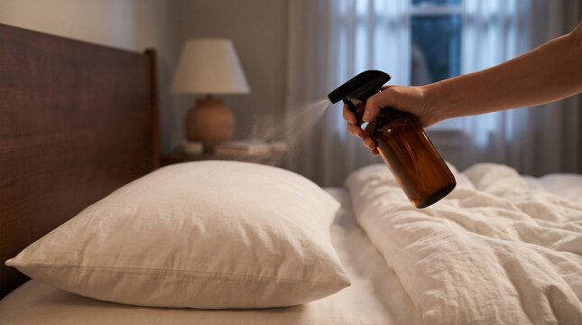 Person spraying relaxing lavender pillow mist from amber spray bottle onto white bed sheets in bedroom, symbolizing sleep hygiene and evening routine