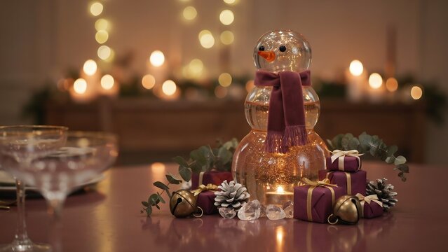Glass snowman figurine with purple scarf and Christmas gifts