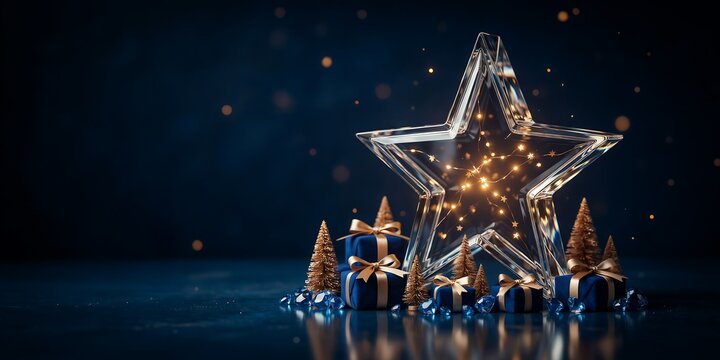 Glass star with lights and Christmas gifts on blue background