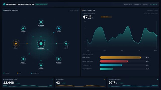 4k infrastructure drift monitor dashboard with resource topology analytics, for server management, cloud computing, network security, data monitoring