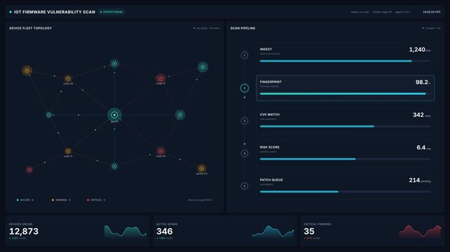 4k iot firmware vulnerability scan dashboard interface with network topology nodes metrics, for cybersecurity threat monitoring, risk assessment, system protection