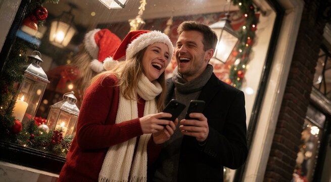 Joyful Christmas laughter shared between a happy couple looking at a phone by a warmly lit, decorated storefront window.