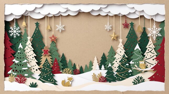 Layered Paper Cut Christmas Pine Forest Scene with Gold Owl and Fox, Gingerbread Cookies, Hanging Stars and Bells, Multi-Layer Cardstock Papercraft Illustration for Holiday Cards and Seasonal Backgrou