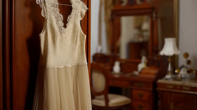 Ivory lace gown hangs from a clear hanger beside a polished wooden wardrobe as the camera moves closer, revealing pleated skirt, floral bodice, mirror, chair, and softly blurred lamp