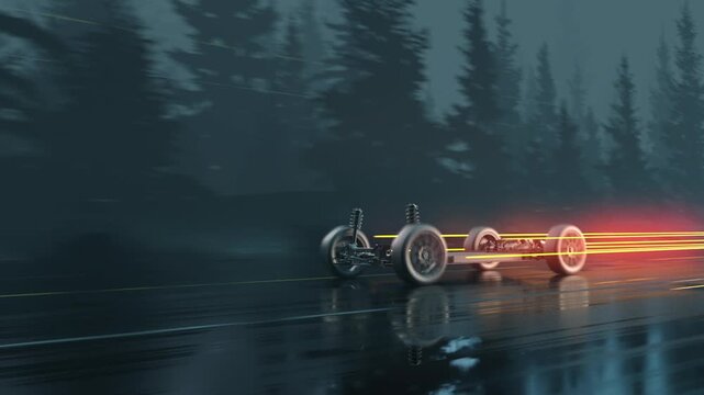 Electric vehicle skateboard chassis driving fast outdoor