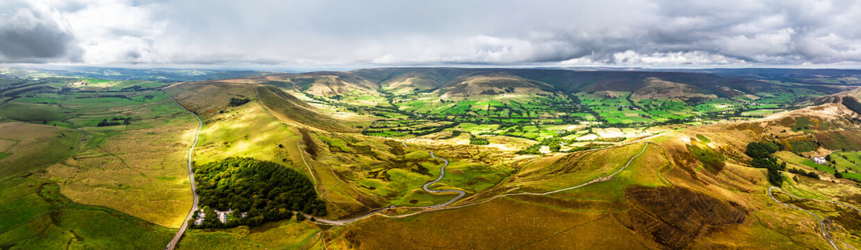 Panorama of Mam Tor from a drone, Peak District National Park, Derbyshire, England, UK