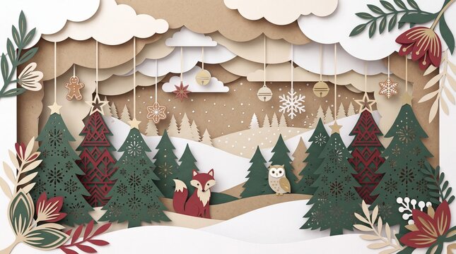 Layered Paper Cut Christmas Pine Forest with Gold Owl and Fox, Floral Accents, Hanging Gingerbread Stars Bells and Snowflakes, Dynamic Perspective Cardstock Papercraft Illustration for Holiday Greetin