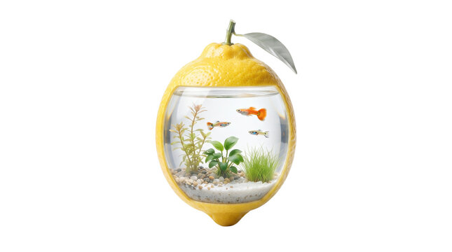Surreal lemon aquarium with small guppy fish and aquatic plants, creative fruit fishbowl concept, yellow citrus fruit art on white background