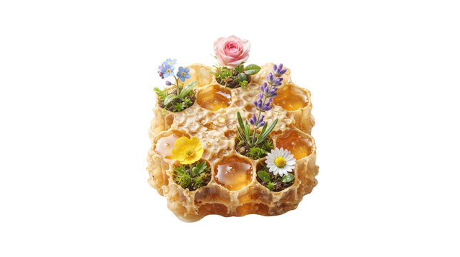 Golden honeycomb with fresh spring flowers, organic honey comb with rose and lavender blossoms, natural beeswax texture isolated on white