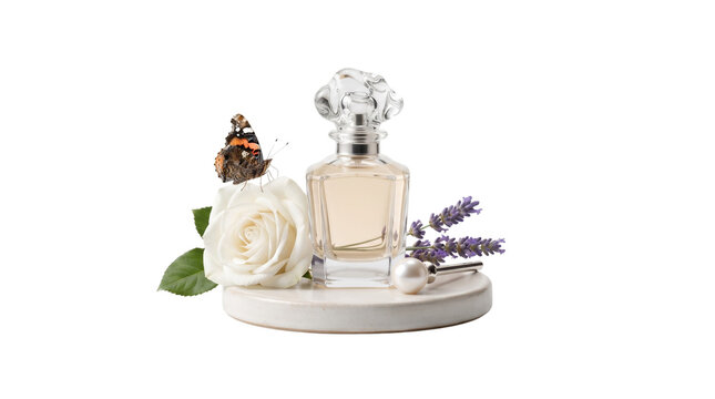 Luxury perfume bottle on white pedestal with rose and lavender, elegant fragrance glass with butterfly, floral scent advertisement mockup