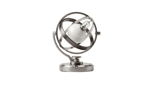 Modern silver orbital desk lamp, industrial metal armillary sphere table light with white globe, astronomical home decor isolated on white