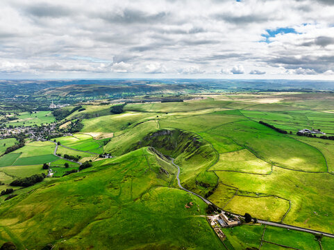 Winnats Pass from a drone, Castleton, Hope Valley, Peak District National Park, Derbyshire, England, UK