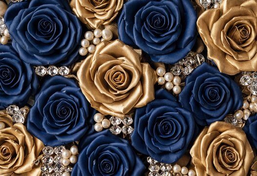 Elegant bouquet of navy blue and metallic gold artificial roses with crystal rhinestones and pearls background