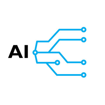 Artificial Intelligence AI Concept with Blue Circuit Lines and Network Nodes, Digital Technology Icon on Transparent Background