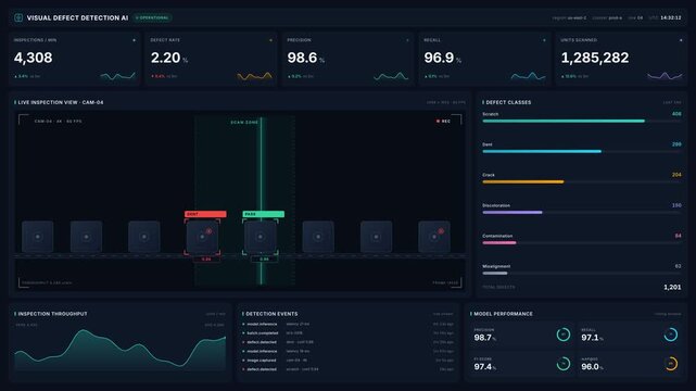 4k visual defect detection ai dashboard with live inspection view, for automated manufacturing quality control, industrial process monitoring, smart factory, machine